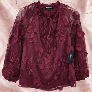 ALICE BLUE* BURGUNDY*FLORAL APPLIQUE*MESH BLOUSE W/TIE-NECK*SIZE: S